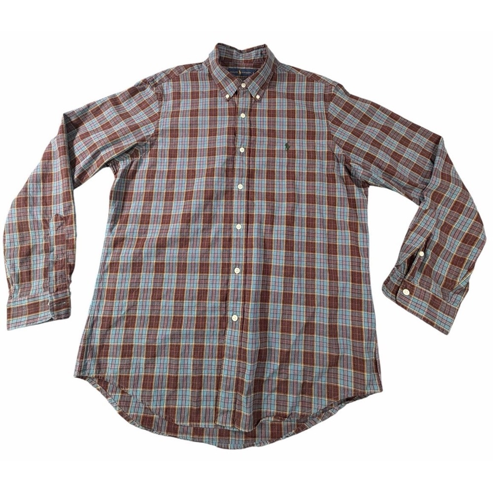 Ralph Lauren Men's L Plaid Button Down Shirt Blue Red Green Cotton Long Sleeve